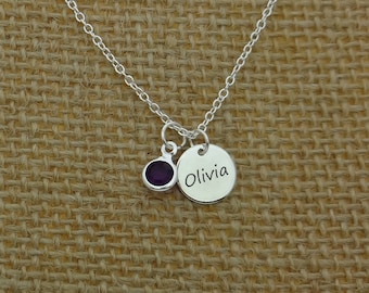 Child Girl Necklace, Personalized Kid Necklace, Daughter Necklace, Custom Girl Jewelry, Little Girl Jewelry, Round Disc Birthstone Necklace