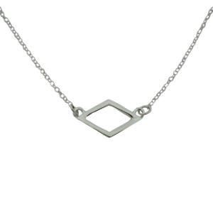 May include: A silver chain necklace with a geometric diamond-shaped pendant.