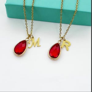 July Birthstone Necklace, July Birthstone with Letter Necklace, Synthetic Ruby Birthstone Jewelry, July Birthday Gift, Friendship Necklace