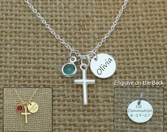 First Communion Gift for Girls, Holy Communion Jewelry Kids, Confirmation Gift, Cross Name Date Necklace