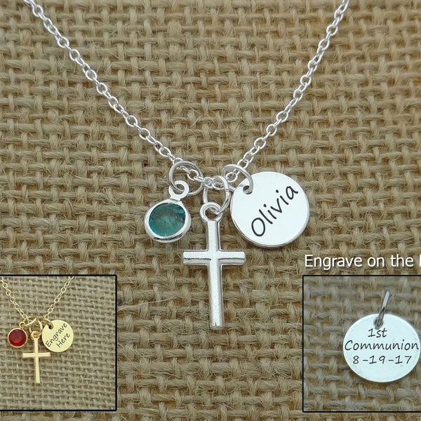 First Communion Gift for Girls, Holy Communion Jewelry Kids, Confirmation Gift, Cross Name Date Necklace