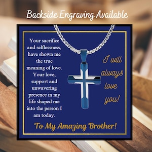 Collier croix To My Amazing Brother avec carte, collier croix religieuse bleu sur acier inoxydable, collier croix waterproof
