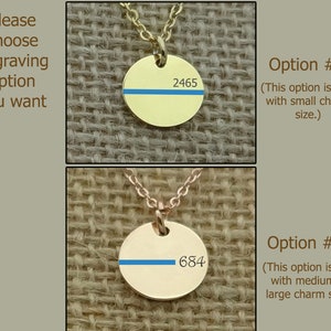 May include: Two options for engraving a thin blue line on a gold pendant. Option 1 shows a smaller pendant with the text "2465" and option 2 shows a larger pendant with the text "684".