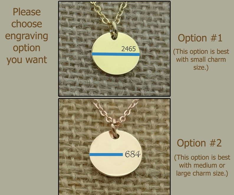 May include: Two options for engraving a thin blue line on a gold pendant. Option 1 shows a smaller pendant with the text "2465" and option 2 shows a larger pendant with the text "684".