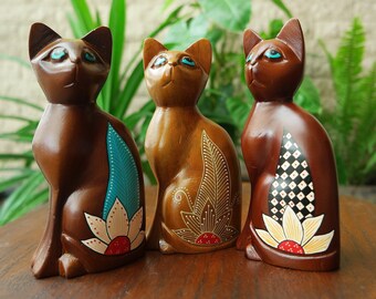 Value Set of 3, Home Décor, Wooden Looking Up Cat Figurine, Wood Figurines, Hand Drawings, Collectibles, Wood Carving, Home Accent