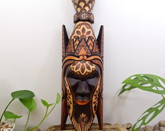 Wooden "King" Mask with Batik Drawing, Wood Carving, Wall Hanging, Home Wall Decoration, Tribal Art, Collectibles