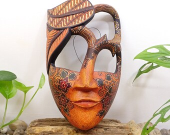 Wood "Tree Man" Mask with Batik Drawing, Wood Carving, Wall Hanging, Home Wall Decoration, Tribal Art, Collectibles