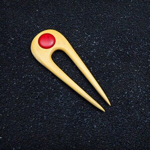 Teakwood Hair Pin: Two Prong Wooden Hair Stick with Red Cabochon
