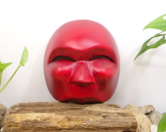 Wooden "Bancak" Mask, Wood Carving, Red Matte Finish, Home Wall Decor, Wall Hanging, Home Decoration, Ethnic Art, Tribal Art, Collectibles