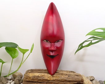 Wooden "Crescent Moon" Mask, Red Matte Finish, Wood Mask, Wood Carving, Hand Carving, Home Wall Decoration, Wall Décor, Collectibles