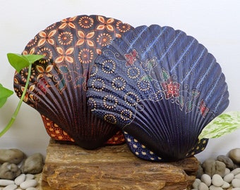 Value Set of 2 - Wooden Shell Carving with Hand Batik Drawing, Home Wall Decoration, Wall Hanging, Brown & Blue Colors, Home Accent