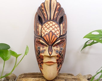 Wood "Birdman" Mask with Batik Drawing, Wood Carving, Wall Hanging, Home Wall Decoration, Collectibles, Wood Art, Home Accent