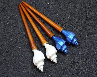 Set of 2 Hand Carved Teak Hair Stick: Pearly Seashell Boho Hair Pin