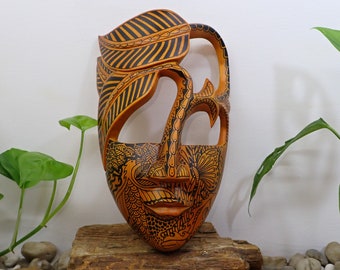 Wooden "Jungle" Mask with Hand Drawing, Brown Color, Matte Finish, Home Decoration, Wall Hanging, Home Accent, Tribal Art, Collectibles