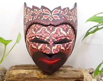 Wooden "Tribal Crowned" Mask with Batik Drawing , Wood Carving, Home Decoration, Wall Hanging, Home Accent, Collectibles