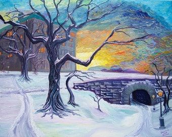 Wintergemälde im Stil von Van Gogh – Sonnenuntergang in New York, impressionistisches Kunstwerk | ShopArtistChris
