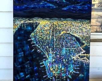 Van Gogh Starry Night Manhattan Oil Painting: NYC Skyline Vibrant Boho Full Moon ShopArtistChris