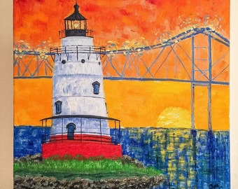 Van Gogh Lighthouse Oil Painting, Tappan Zee Bridge, Sunset Canvas Art | ShopArtistChris