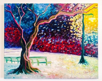 Snowy Park Bench Impressionist Oil Painting, Van Gogh Style, Snowy Starry Night,  ShopArtistChris | ArtistChris