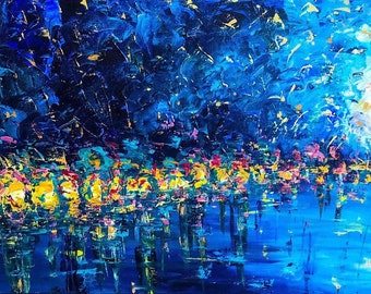 Paris Seine River Painting, Van Gogh Impressionism, Blue Moon Canvas Art (16x40 inch), ShopArtistChris