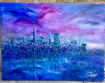 Impressionist New York Skyline Oil Painting: Purple, Pink, Teal, Silver, Vibrant Van Gogh ShopArtistChris