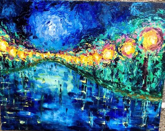 Van Gogh Style Paris Seine River Painting: Starry Night Acrylic on Canvas | ShopArtistChris