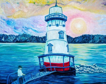 Sleepy Hollow Lighthouse Painting – Sunset Impressionist Landscape, 22x28 Oil on Canvas | ShopArtistChris