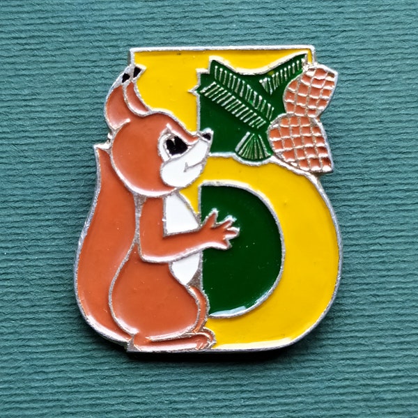 Squirrel Pin. Children badge. Vintage collectible childrens soviet pin badge, Made in USSR, 1980s