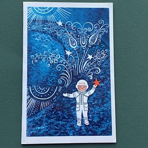 Frohes Neues Jahr, Doppel Postkarte, Kosmonaut. Platz. Unbenutzte Postkarte, Künstler N. Makridina, UDSSR, 1977