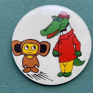 Crocodile Gena and Cheburashka. Cartoon character Pin. Children badge. Vintage collectible childrens soviet pin badge, Made in USSR, 1980s
