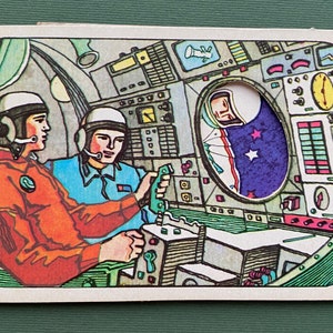 RARE Space Volumetric Postcard - Astronauts, Space. Illustrator A. Beslik, 1988
