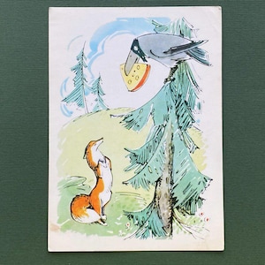 Carte de visite du corbeau et du renard. Illustrateur : A. Alexeyev, N. Stroganova. Carte postale vintage neuve, 1967