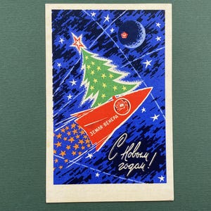 Cartolina d'epoca sovietica, Spazio, Razzo, Terra-Venere, Cartolina di Capodanno, Natale, inutilizzata, Biglietto d'auguri di A. Antonchenko - 1968.