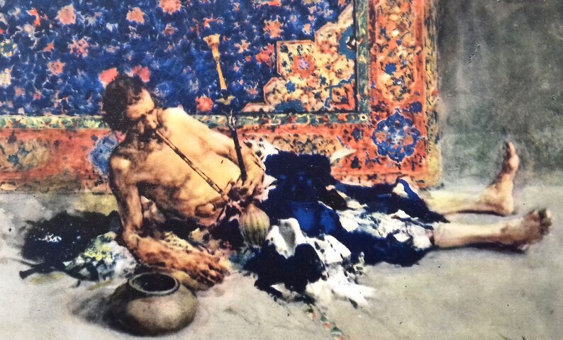50-60ss Vintage Postcard Mariano Fortuni Opium smoker