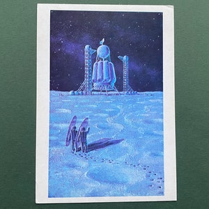 Carte postale spatiale vintage A. Sokolov - Site de lancement sur la Lune, 1973