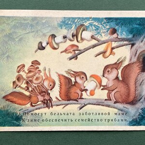 S. Byalkovskaya « Écureuils aux champignons ». Carte postale - 1956