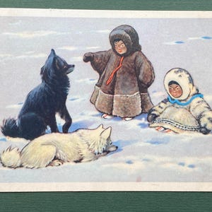 RARO cartão postal soviético - Artista V. Trofimov "Esquimós, cães", 1956