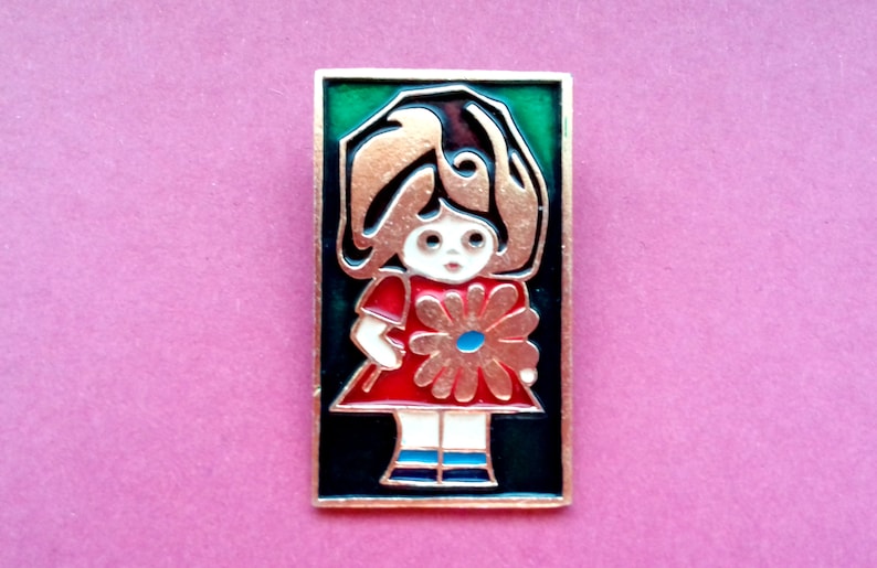 Girl with flower Pin 1980s Vintage collectible soviet pin badge Made in USSR Rare Pin