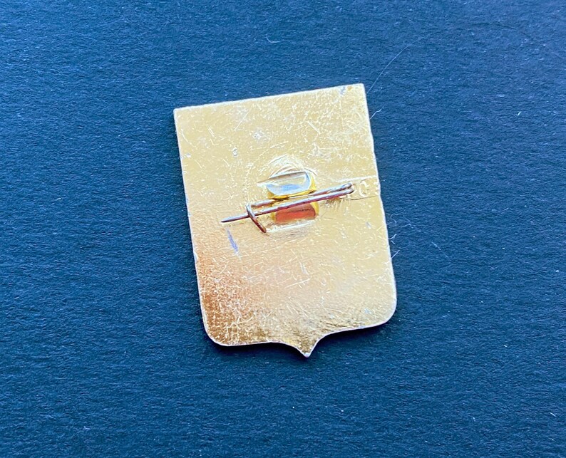 May include: A gold-colored pin with a shield shape and a pin back. The pin has a rectangular top and a pointed bottom. The pin back is a safety pin style with a red bar and a gold-colored clasp. The pin is on a dark blue surface.