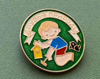 RAR Junge mit Vogel, Naturfreunde Pin. Seltene Brosche. Vintage Vintage Kinder Abzeichen. Hergestellt in der UdSSR, 1980er Jahre А2