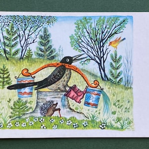 Illustriert von Y. Vasnetsov. Elster, Igel, Vogel, unbenutzte Ansichtskarten, Postkarte - 1969