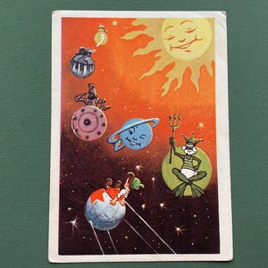 I. Znamensky "Murzilka sullo Sputnik". Cartolina. 1964