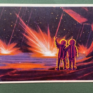 Cartão postal espacial - Encontro com meteoritos, artista A. Sokolov, 1966