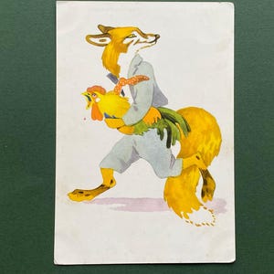 V. Tynisson - « Le renard et le coq », carte postale, Riga. 1957