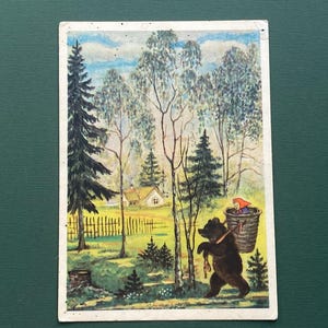 Carte postale Masha et l'ours. Illustrateur : Y. Vasnetsov. Cartes postales non utilisées, Carte postale - 1958