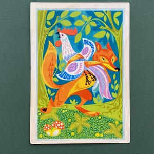 V. Grinko - "Il gatto e il gallo". Cartolina d'epoca inutilizzata, 1970