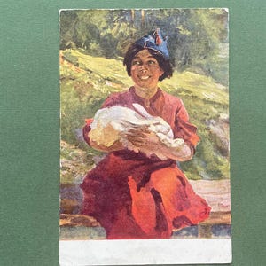 Cartão postal soviético - Artista V. Efanov "Menina e coelho", 1951