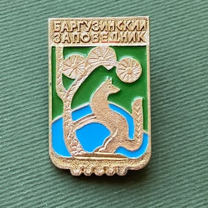 Puede incluir: Un pin de metal dorado con un diseño de esmalte verde y azul. El pin presenta un zorro estilizado en un entorno de bosque con el texto "Баргузинский заповедник" en escritura cirílica.