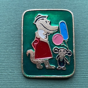 Czeburaszka i krokodyl Gena pin. Dziecięca odznaka. Vintage kolekcjonerska dziecięca radziecka odznaka pin, Wyprodukowano w ZSRR
