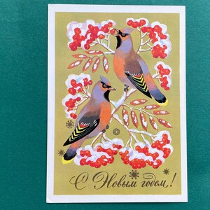 Cartolina di Buon Anno, Uccelli, Ciuffolotti, Capodanno, Natale, Cartolina d'epoca sovietica V. Bazarov, 1986